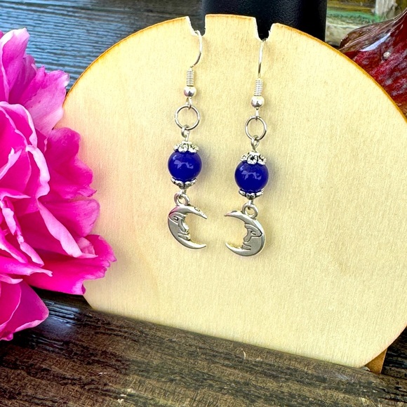 Celestial Silver and Blue Dangle Earrings with Moon Charm - Picture 2 of 2